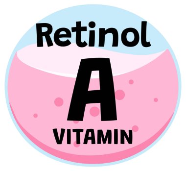 Kalın retinol A vitamini etiketi dairesel, renkli düz vektör çizimi ve oyuncu tipografi