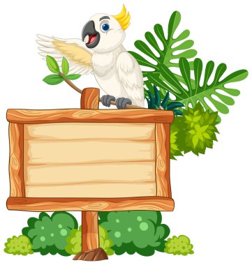 Yeşil çalılar ve tropikal yapraklarla çevrili boş tahta tabela üzerinde çizgi film papağanı.