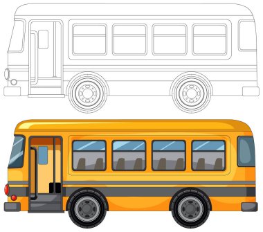 Siyah-beyaz eşleşen düz vektör tarzıyla kenar görünüm sarı şehir otobüsü çizimi