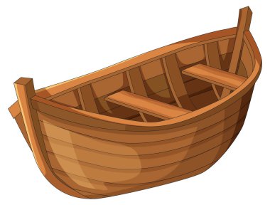 Elle çizilmiş ahşap kayık, üç koltuk, sıcak kahverengi tonlar, temiz vektör çizgileri, beyaz arka plan.