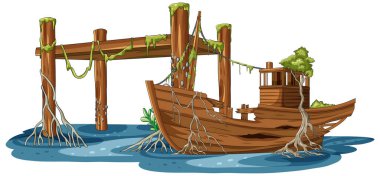 Yosunlu iskelenin yakınındaki terk edilmiş ahşap teknenin vektör çizimi, aşırı gelişmiş mangrov kökleri, sakin su.