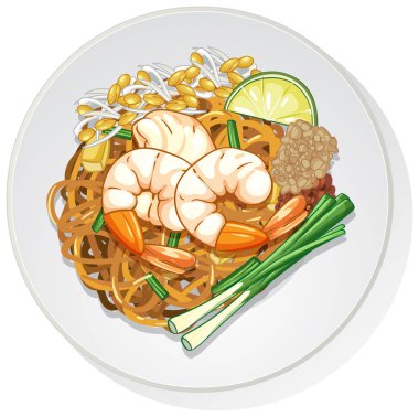 Tayland eriştesinin vektör çizimi, canlı renkler, genel görünüm, temiz beyaz arkaplan