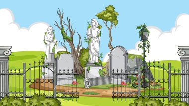 İhmal edilmiş mezarlığın melek heykelleri, kırık mezar taşları, işlenmiş demir çitler, parlak gün ışığıyla temsili temsilciliği.