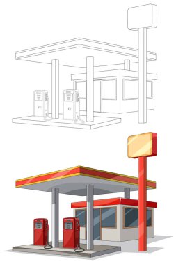 Yakıt pompaları, düz renkleri, güçlü çizgileri ve basit gölgelemeleri olan temiz vektör benzin istasyonu