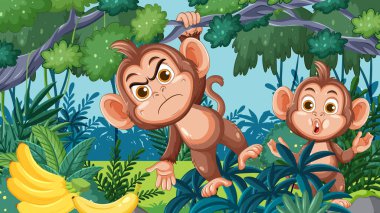 Oyuncu maymunlar sık orman yaprakları, canlı renkler, çizgi film vektör illüstrasyonu, gün ışığı ile etkileşim halindedirler.