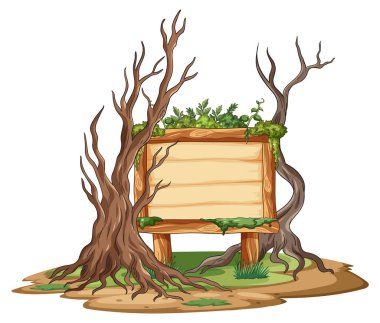 Yamuk yumru ağaçlar, yeşil yosunlar ve yapraklarla çevrili boş tahta tabela, vektör illüstrasyon biçimi