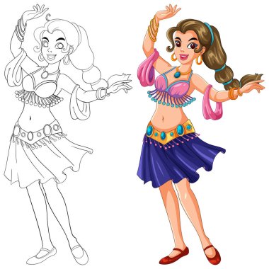 Neşeli dansçıların çizgi film vektörü, canlı renkler, çizilmiş ve renkli versiyonlar, neşeli poz.