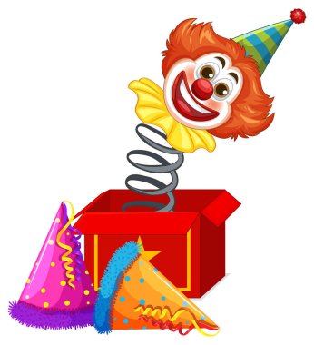 Üç renkli parti şapkasıyla kırmızı kutudan neşeli bir palyaço fırlıyor..