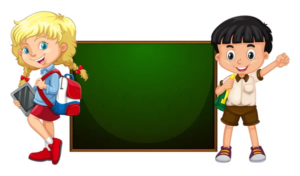 Мальчик и девочка стоят у доски — стоковый вектор