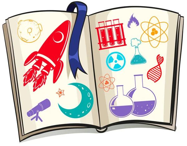 Symboles de science et de technologie sur le livre — Image vectorielle