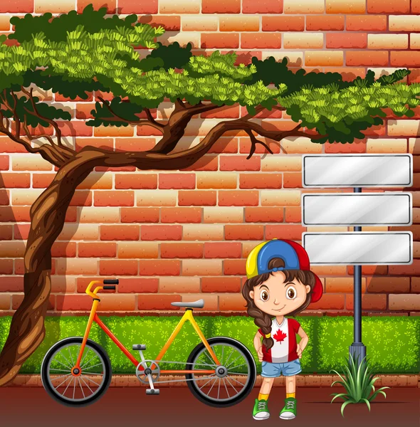 Bambina in piedi vicino alla bicicletta — Vettoriale Stock