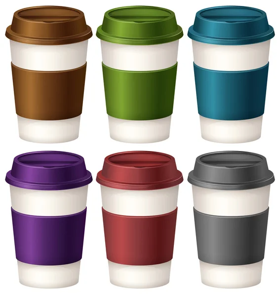 Coffee cups in six different colors — Stock Vector