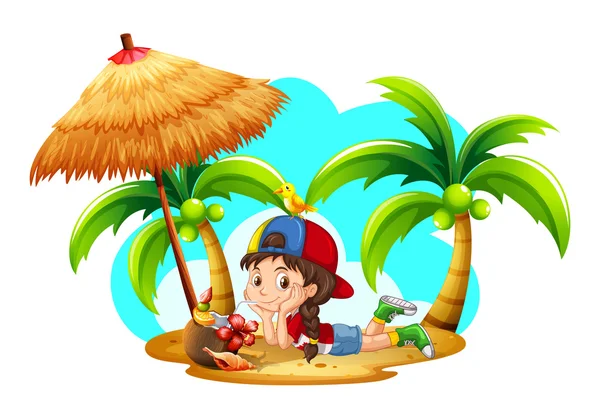 Holčička na pláži pití kokosového — Stockový vektor