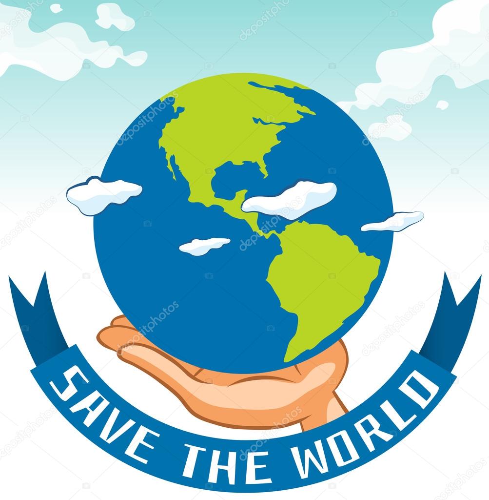 Save the world sign with earth on hand