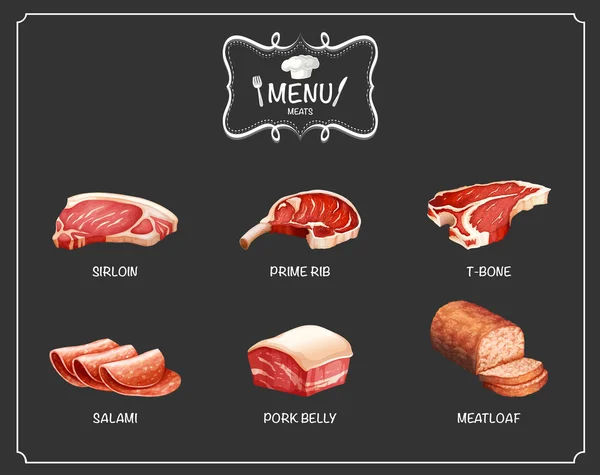 Diferite tipuri de carne în meniu — Vector de stoc