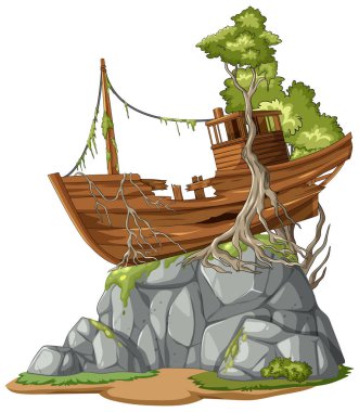 Çizgi film ahşap gemi enkazı kayalık kayalıklarda, ağaç kökleri, yosun ve yeşillik ile kaplanmış.