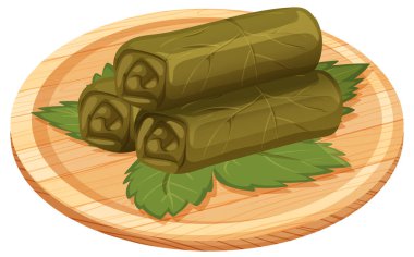 Tahta tabakta üç doldurulmuş üzüm yaprağı, düz vektör stili, dünyevi renk paleti.