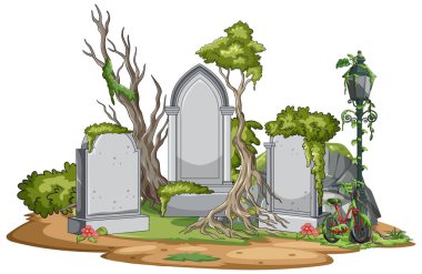 Yosun, eğri ağaçlar, sarmaşıklar ve sokak lambasıyla terk edilmiş mezarlığın vektör çizimi