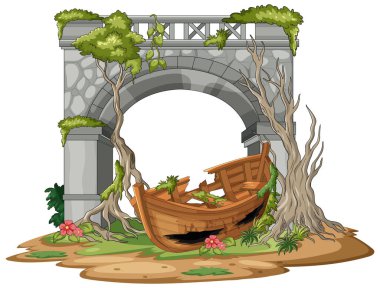 Eski taş köprünün altında çarpık ağaçlarla çevrili terk edilmiş ahşap gemi enkazının çizgi film vektörü.