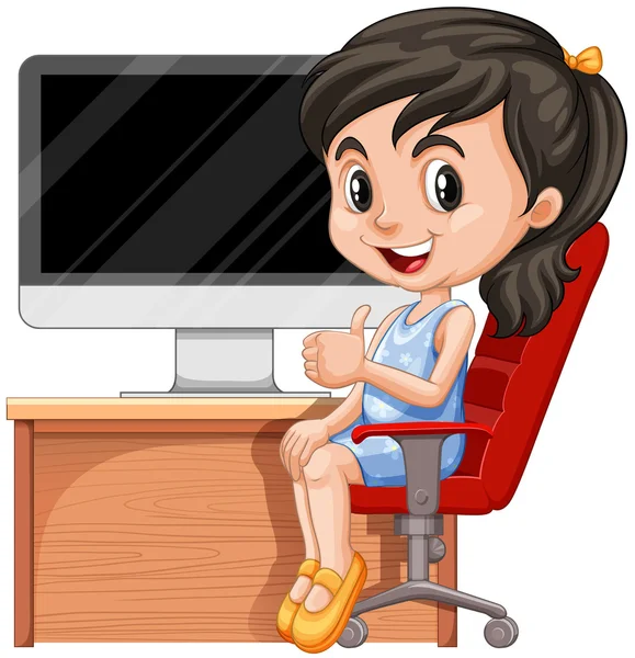 Menina sentada na cadeira pelo computador — Vetor de Stock