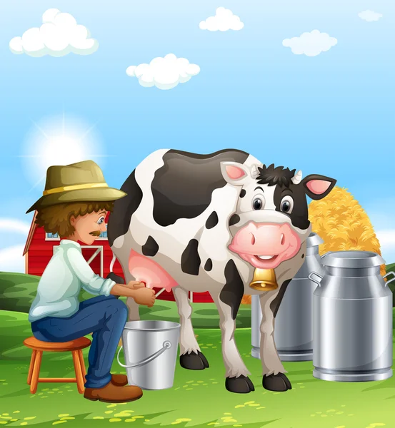 Farmer milking a cow at daytime — Stock Vector