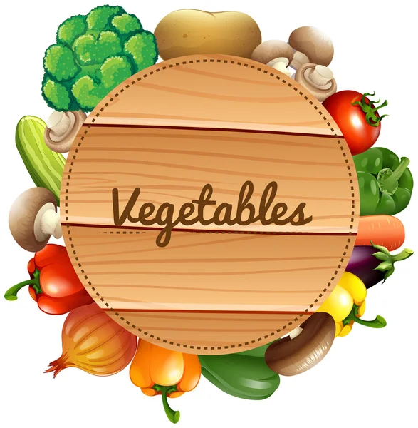 Свежие овощи с деревянным знаком — стоковый вектор