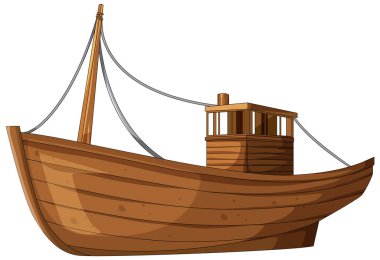 Çizgi film ahşap balıkçı teknesi yan görüntüsü, basit gölgeleme ile temiz düz vektör tarzı