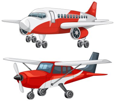 Beyaz arka planda ticari jet ve ışık pervaneli uçağın renkli vektör çizimi