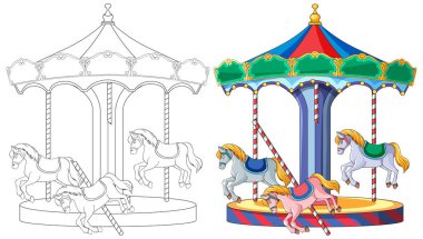 Dört nala koşan atlarla dolu bir lunapark atlıkarıncası. Detaylı renkler ve siyah-beyaz taslak versiyonu.