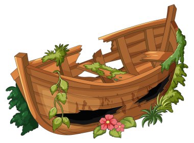 Kırık ahşap tekne, yemyeşil sarmaşıklar, yosun ve çiçekler çizgi film vektör tarzında.