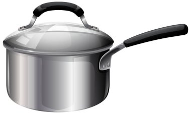 Kapağı, siyah sapı ve yansıtıcı yüzeyi olan paslanmaz çelik tencerenin gerçekçi bir temsili.