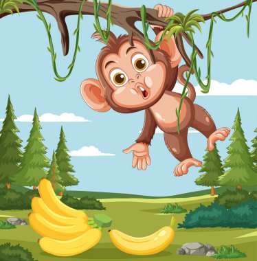 Çizgi film maymunu muz dalının üstünde baş aşağı asılı, canlı renkler, düz vektör tarzı