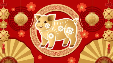 Altın kağıt, kırmızı dekoratif arka planda fener ve vantilatör ile domuz vektörünü kesti.