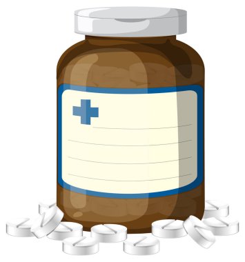 Boş etiketli ve beyaz tabletli kahverengi ilaç şişesinin düz vektör çizimi.