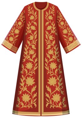 Kırmızı Osmanlı kaftanı. Karmaşık altın işlemeli. Düz vektör stili.
