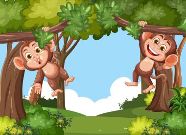 Çizgi film maymunları açık mavi gökyüzü ile canlı, yemyeşil bir ormanda ağaç dallarında sallanırlar.