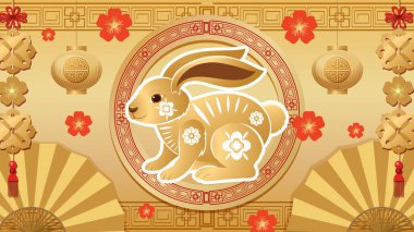 Fenerler, yelpazeler ve kiraz çiçekleriyle çevrili altın bir tavşanın vektör çizimi