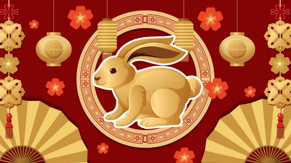 Kırmızı arka planda geleneksel fener, yelpaze ve çiçek desenli Altın Tavşan vektör sanatı