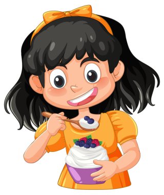 Turuncu elbiseli kız böğürtlenli yoğurt yiyor, parlak renkler, beyaz arka plan