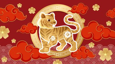 Kırmızı arka planda geleneksel kırmızı bulutlar ve çiçek desenleriyle altın kaplan vektör sanatı