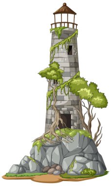 Karikatür taşlı deniz feneri harabesi kayalık uçurum, bükülmüş ağaçlar ve yeşil sarmaşıklarla kaplanmış