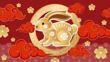 Golden rabbit vector illustration with traditional red clouds and flowers on a patterned background