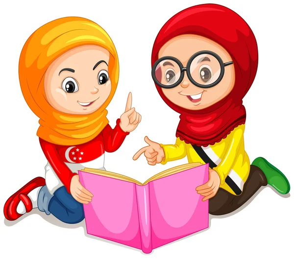 Meninas muçulmanas lendo um livro — Vetor de Stock