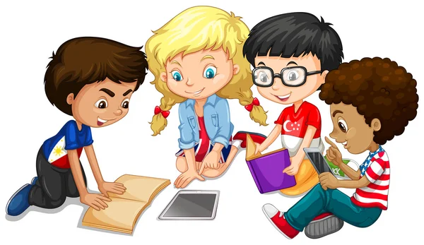 Grupo de niños haciendo la tarea — Vector de stock