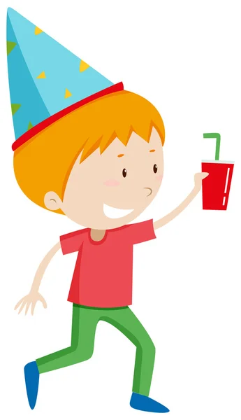 Little boy with drink and party hat — Stock Vector