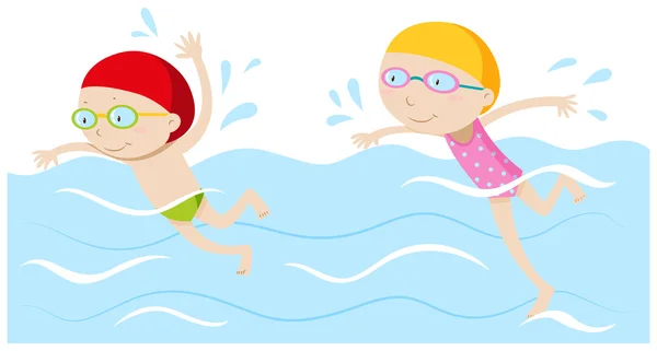 男孩和女孩在游泳池里游泳 — 图库矢量图片