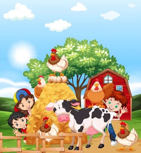儿童和农场动物 — 图库矢量图片