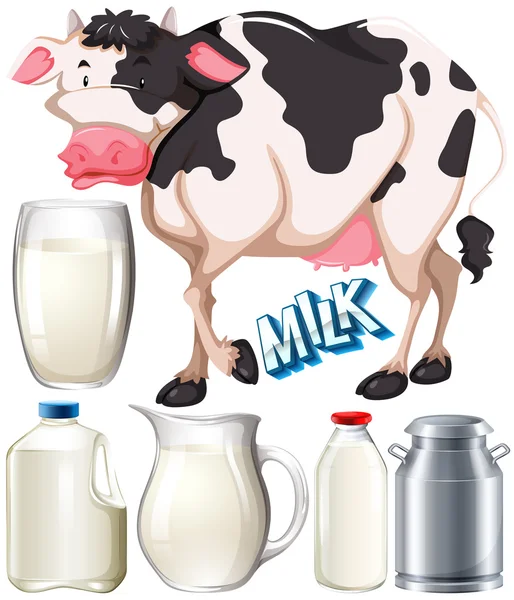 Prodotti lattiero-caseari con vacca e latte fresco — Vettoriale Stock