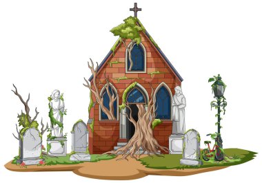 Mezar taşları, heykeller, sarmaşıklar ve eğri büğrü ağaçlarla perili kilisenin vektör çizimi