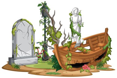 Sarmaşık kaplı mezar taşı, heykel, çürüyen ahşap tekne ve bitki örtüsüyle harap mezarlığın vektör çizimi